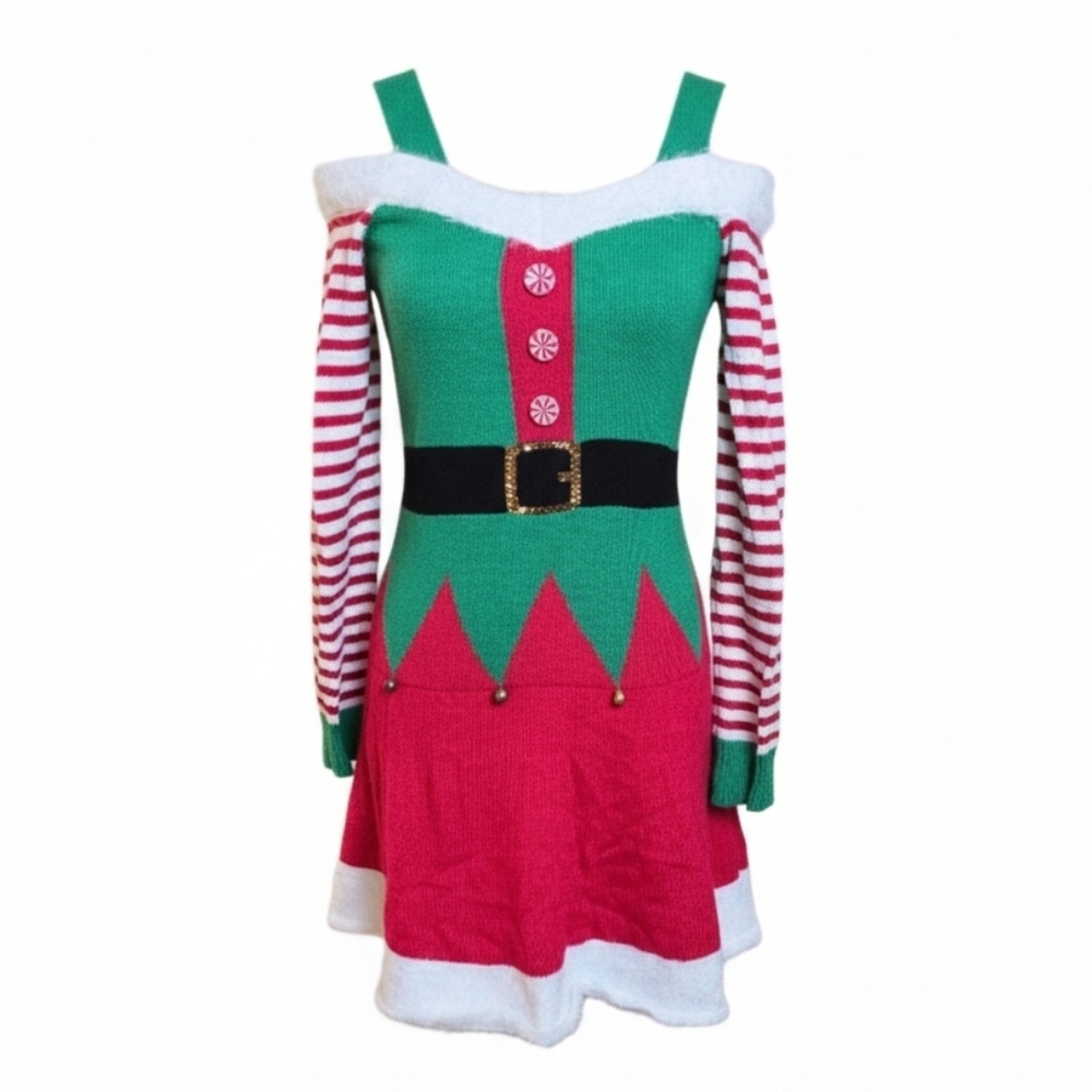 Christmas Green and Red Elf Sweater Dress - Picture 2 of 8